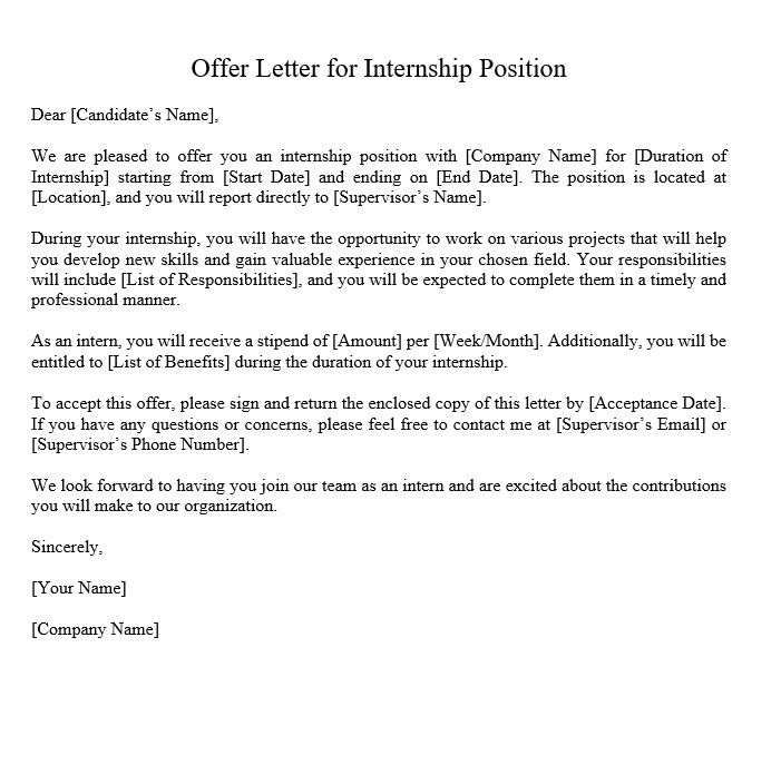 sample of offer letter for internship