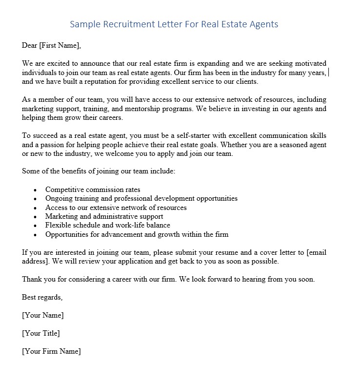 sample recruitment letter for real estate agents