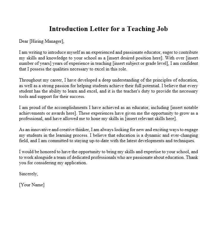 Introduction Letter for a Teaching Job