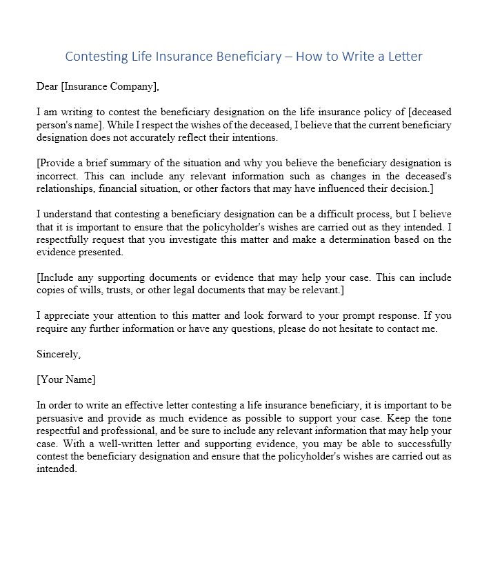 sample letter contesting life insurance beneficiary