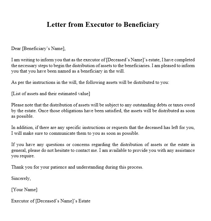 sample letter from executor to beneficiary