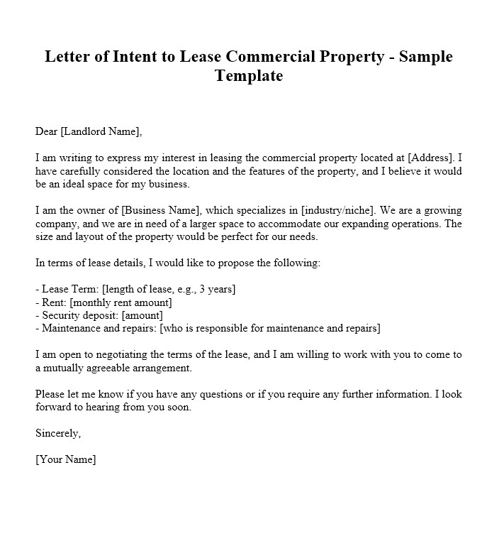 sample letter of intent to lease commercial property