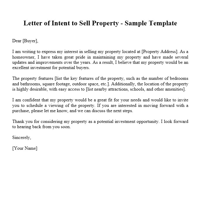 sample letter of intent to sell property